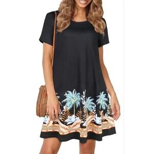 Boho Palm Tree Print T-Shirt Dress Gray Tropical Floral Mini Large